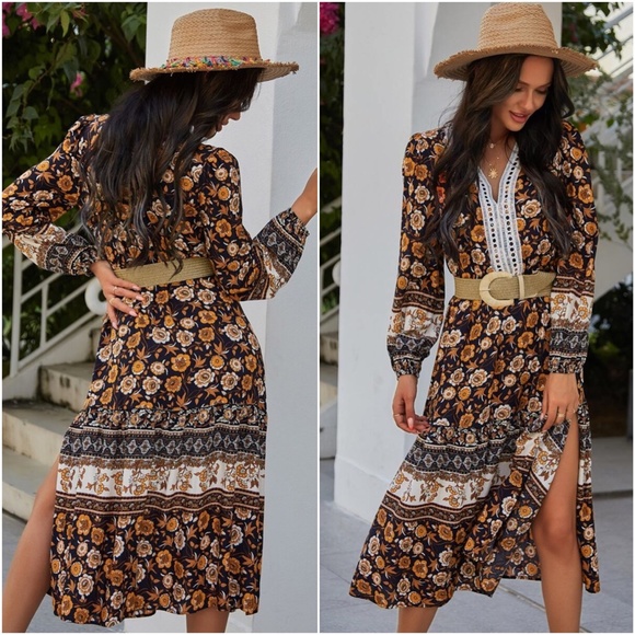 floral print v neck slit bohemian gypsy midi dress - Picture 2 of 3